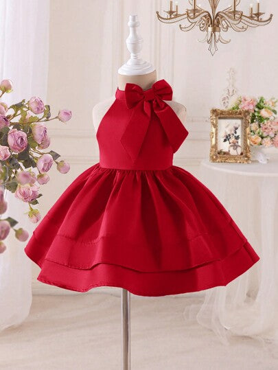 SHEIN فستان أنيق بدون أكمام للفتيات الصغيرات بلون أحادي مع فيونكة ثلاثية الأبعاد