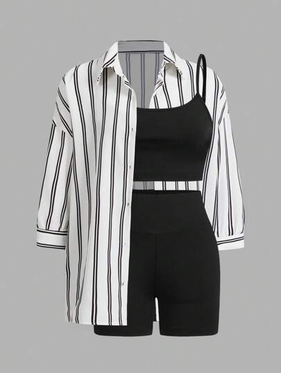 SHEIN Essnce مجموعة ملابس رياضية عادية للنساء 3قطع - ملابس علوية بلا أكمام، شورت ضيق، وقميص للرياضة الخارجية الصيفية، الدراجات، التنس، السفر