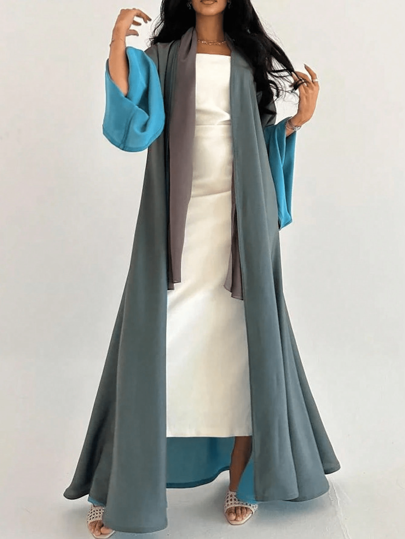 قطعة واحدة موضة بسيطة بلونين متباينين من الدرجتين بنمط معتدل للنساء من الشرق الأوسط ثنائي الجانب، فستان كاردجان طويل أنيق مناسب للمناسبات والاستخدام اليومي، محتشم