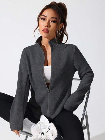 Gameset SHEIN Sport جاكيت رياضية للنساء طويلة الأكمام بسحاب أمامي، لون سادة، مريحة وكاجوال