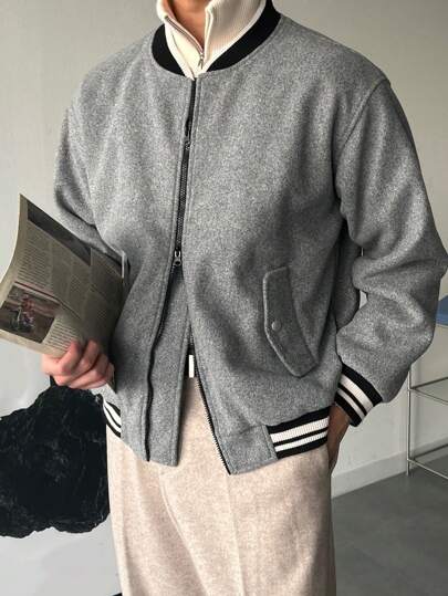 DAZY جاكيت رجالية بجيب أمامي مزخرفة بألوان متباينة وسحاب طويلة الأكمام، ملابس عمل للخريف والشتاء