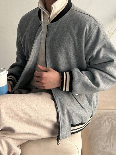 DAZY جاكيت رجالية بجيب أمامي مزخرفة بألوان متباينة وسحاب طويلة الأكمام، ملابس عمل للخريف والشتاء