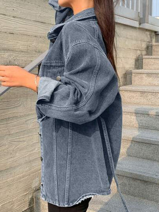 DAZY جاكيت جينز مغسولة بتأثير مهترئ مربوطة باللف طراز شارع فضفاض مشقوق، موضة الربيع والخريف للنساء