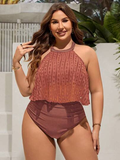 Swim Lushoire طقم بكيني بملابس عليا بلا أكمام مفرغة وسراويل داخلية للشاطئ والصيف بمقاسات كبيرة