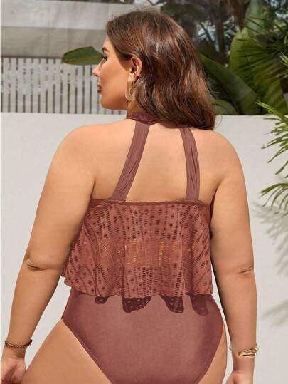 Swim Lushoire طقم بكيني بملابس عليا بلا أكمام مفرغة وسراويل داخلية للشاطئ والصيف بمقاسات كبيرة