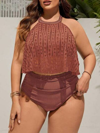 Swim Lushoire طقم بكيني بملابس عليا بلا أكمام مفرغة وسراويل داخلية للشاطئ والصيف بمقاسات كبيرة