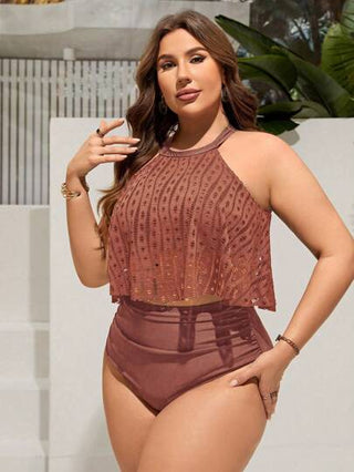 Swim Lushoire طقم بكيني بملابس عليا بلا أكمام مفرغة وسراويل داخلية للشاطئ والصيف بمقاسات كبيرة