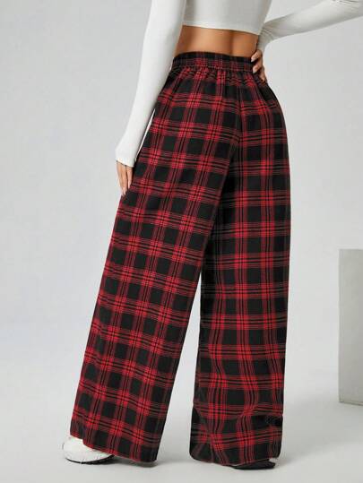 SHEIN PETITE بنطلون نسائي ذو ساق واسعة ذو جيوب منسوج بنقشة المربعات للخريف والشتاء