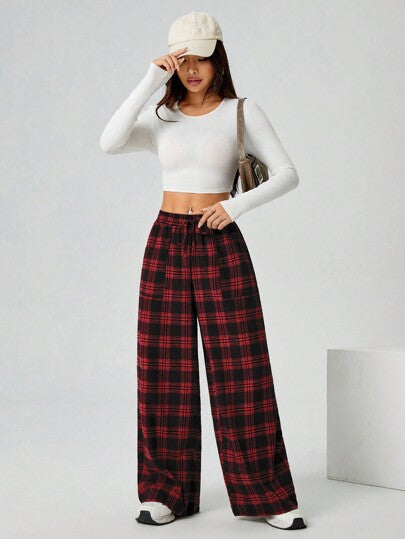 SHEIN PETITE بنطلون نسائي ذو ساق واسعة ذو جيوب منسوج بنقشة المربعات للخريف والشتاء