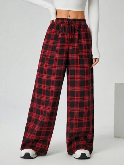 SHEIN PETITE بنطلون نسائي ذو ساق واسعة ذو جيوب منسوج بنقشة المربعات للخريف والشتاء