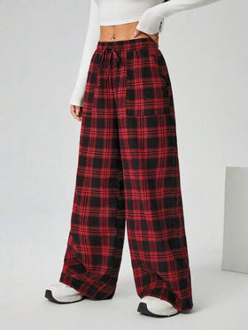 SHEIN PETITE بنطلون نسائي ذو ساق واسعة ذو جيوب منسوج بنقشة المربعات للخريف والشتاء