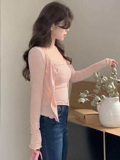 DAZY طقم من قطعتين غير رسمي للنساء بأكمام طويلة بتصميم لانجري