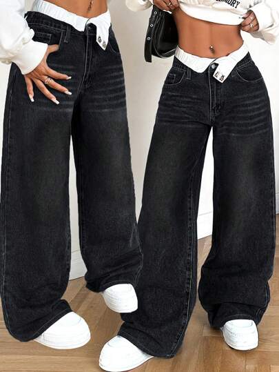 SHEIN PETITE سراويل جينز نسائية واسعة وفضفاضة ،جينز أزرق بخصر منخفض وإطلالة جذابة، جينز أمي نسائي، ملابس نسائية كاوبوي، جينز نسائي فضفاض، جينز فينتاج فضفاض، بنطلونات شتوية نسائية