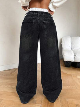 SHEIN PETITE سراويل جينز نسائية واسعة وفضفاضة ،جينز أزرق بخصر منخفض وإطلالة جذابة، جينز أمي نسائي، ملابس نسائية كاوبوي، جينز نسائي فضفاض، جينز فينتاج فضفاض، بنطلونات شتوية نسائية