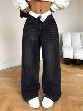SHEIN PETITE سراويل جينز نسائية واسعة وفضفاضة ،جينز أزرق بخصر منخفض وإطلالة جذابة، جينز أمي نسائي، ملابس نسائية كاوبوي، جينز نسائي فضفاض، جينز فينتاج فضفاض، بنطلونات شتوية نسائية