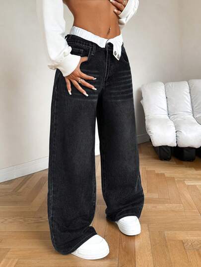 SHEIN PETITE سراويل جينز نسائية واسعة وفضفاضة ،جينز أزرق بخصر منخفض وإطلالة جذابة، جينز أمي نسائي، ملابس نسائية كاوبوي، جينز نسائي فضفاض، جينز فينتاج فضفاض، بنطلونات شتوية نسائية