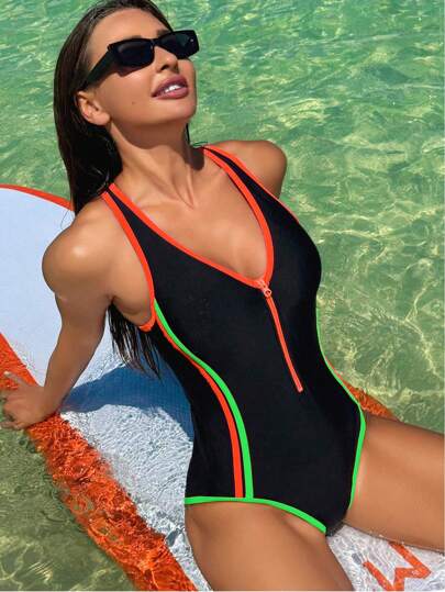 مايوه حريمي قطعة واحدة Swim SPRTY ملابس السباحة قطعة واحدة، تفصيل رياضي أمامي بسحاب من دون أكمام للنساء للصيف