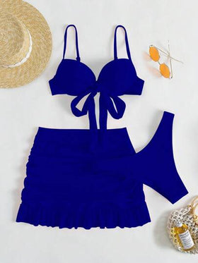 SHEIN Swim موحدة اللون طقم بيكيني معقود من الأمام حمالة صدر مرفوع & قص عالي لباس قيعان & تجاعيد تنورة ساحلي 3قطعات بدلة سباحة