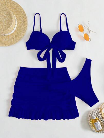 SHEIN Swim موحدة اللون طقم بيكيني معقود من الأمام حمالة صدر مرفوع & قص عالي لباس قيعان & تجاعيد تنورة ساحلي 3قطعات بدلة سباحة