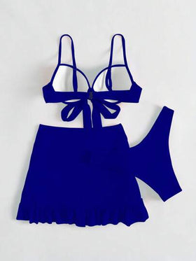 SHEIN Swim موحدة اللون طقم بيكيني معقود من الأمام حمالة صدر مرفوع & قص عالي لباس قيعان & تجاعيد تنورة ساحلي 3قطعات بدلة سباحة