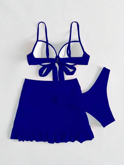 SHEIN Swim موحدة اللون طقم بيكيني معقود من الأمام حمالة صدر مرفوع & قص عالي لباس قيعان & تجاعيد تنورة ساحلي 3قطعات بدلة سباحة