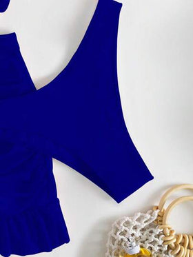 SHEIN Swim موحدة اللون طقم بيكيني معقود من الأمام حمالة صدر مرفوع & قص عالي لباس قيعان & تجاعيد تنورة ساحلي 3قطعات بدلة سباحة