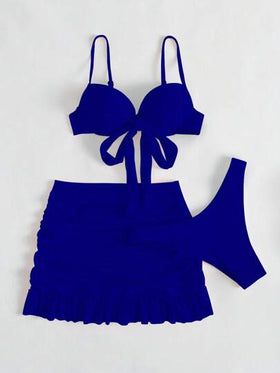 SHEIN Swim موحدة اللون طقم بيكيني معقود من الأمام حمالة صدر مرفوع & قص عالي لباس قيعان & تجاعيد تنورة ساحلي 3قطعات بدلة سباحة