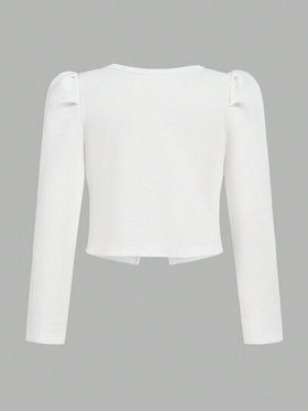 SHEIN جاكيت محبوكة معقدة النسيج، بأكمام منتفخة، ومزينة ب- 3D على الكتفين، كارديجان قصير أنيق