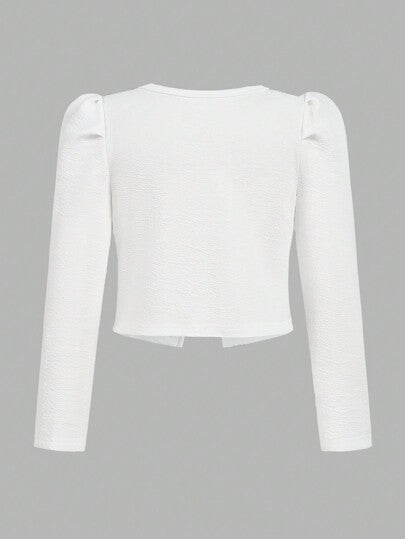 SHEIN جاكيت محبوكة معقدة النسيج، بأكمام منتفخة، ومزينة ب- 3D على الكتفين، كارديجان قصير أنيق