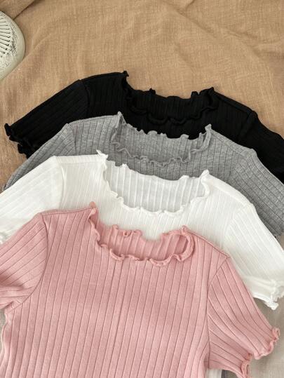 SHEIN أطفال بنات طقم متعدد قمصان صلبة ملونة كيوت قصيرة الأكمام، متعددة الاستخدامات للصيف
