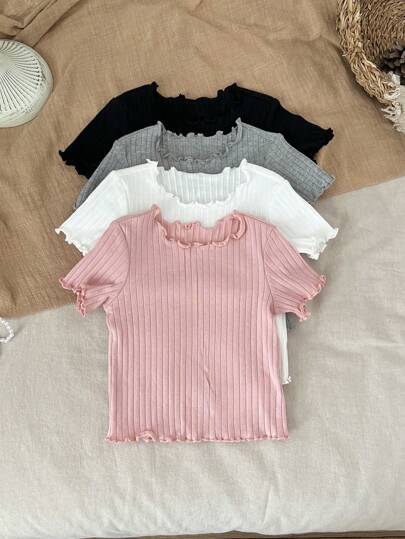 SHEIN أطفال بنات طقم متعدد قمصان صلبة ملونة كيوت قصيرة الأكمام، متعددة الاستخدامات للصيف