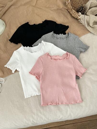 SHEIN أطفال بنات طقم متعدد قمصان صلبة ملونة كيوت قصيرة الأكمام، متعددة الاستخدامات للصيف