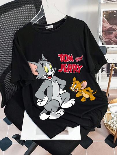 TOM & JERRY X  تي شيرت نسائي كاجوال فضفاض بياقة مستديرة وأكمام قصيرة لسنة 2025 الجديدة للصيف