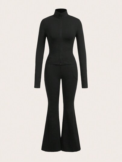 SHEIN EZwear مجموعة الملابس الرياضية للنساء تشمل جاكيت أسود مزود بسحاب و بنطال ضيق بقدم واسعة