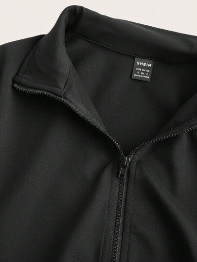 SHEIN EZwear مجموعة الملابس الرياضية للنساء تشمل جاكيت أسود مزود بسحاب و بنطال ضيق بقدم واسعة