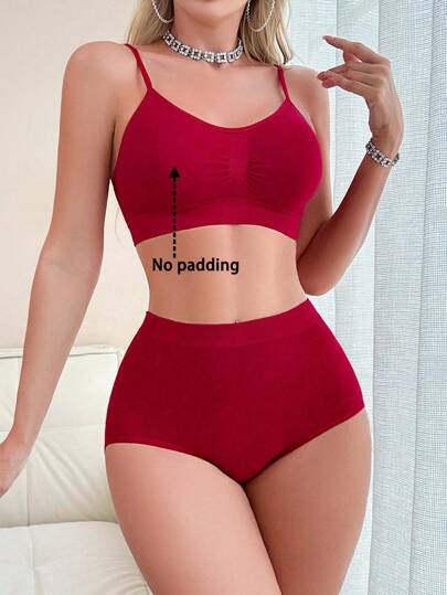 SHEIN طقم ملابس داخلية كاجوال بلون سادة مجعد للسيدات 2قطعة/طقم