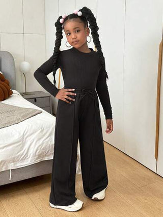 girls-sets Slaydiva مجموعة بنطلون واسع الساق وبلوزة قطنية بياقة طاقم بأكمام طويلة للفتاة المراهقة الكاجوال