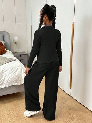 girls-sets Slaydiva مجموعة بنطلون واسع الساق وبلوزة قطنية بياقة طاقم بأكمام طويلة للفتاة المراهقة الكاجوال