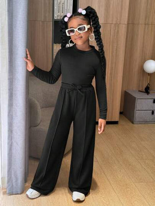 girls-sets Slaydiva مجموعة بنطلون واسع الساق وبلوزة قطنية بياقة طاقم بأكمام طويلة للفتاة المراهقة الكاجوال