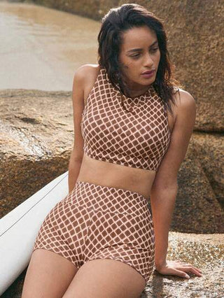 طقم تانكيني حريمي Swim SPRTY طقم بكيني من 2 قطع ربطة عنق بدون أكمام وسراويل قصيرة بخصر عالي طباعة عشوائية ، للرياضة الصيفية العادية
