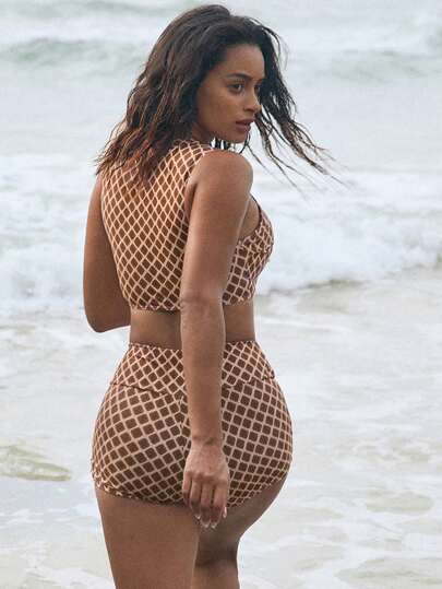 طقم تانكيني حريمي Swim SPRTY طقم بكيني من 2 قطع ربطة عنق بدون أكمام وسراويل قصيرة بخصر عالي طباعة عشوائية ، للرياضة الصيفية العادية