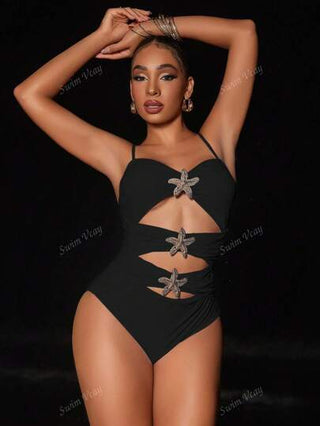 مايوه حريمي قطعة واحدة Swim Vcay بدلة سباحة قطعة واحدة للنساء، بتصميم نجمة مفرغة ذات لون أحادي، مناسبة للعطلات الصيفية