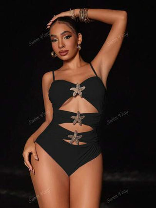 مايوه حريمي قطعة واحدة Swim Vcay بدلة سباحة قطعة واحدة للنساء، بتصميم نجمة مفرغة ذات لون أحادي، مناسبة للعطلات الصيفية