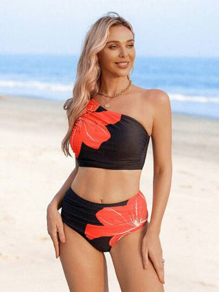 طقم تانكيني حريمي Swim Lushoire ملابس علوية كاجوال بحمالات مكرمشة بتصميم أزهار استوائية سوداء ، قطعة واحدة طراز ناضج