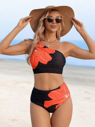 طقم تانكيني حريمي Swim Lushoire ملابس علوية كاجوال بحمالات مكرمشة بتصميم أزهار استوائية سوداء ، قطعة واحدة طراز ناضج