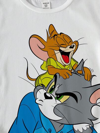 TOM & JERRY X SHEIN تي شيرت كرتوني بأكمام قصيرة بطبعات جرافيك كاجوال لأولاد المراهقين لصيف 2025 بمناسبة السنة الجديدة