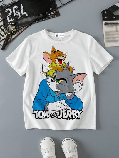 TOM & JERRY X SHEIN تي شيرت كرتوني بأكمام قصيرة بطبعات جرافيك كاجوال لأولاد المراهقين لصيف 2025 بمناسبة السنة الجديدة