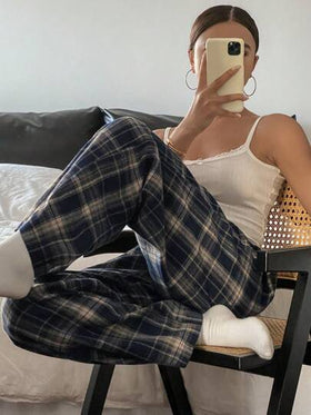 Livesso بنطلون منزلي مريح فضفاض بخصر مطاطي مربع النمط، بيجاما، للخريف والشتاء رمضان