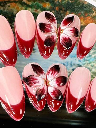 أظافر مزينة يدويا نقية 3D ، أظافر زهرية بشكل اللوز ، أظافر حمراء للضغط 10 قطع من الأظافر الصناعية للنساء والفتيات للاستخدام اليومي