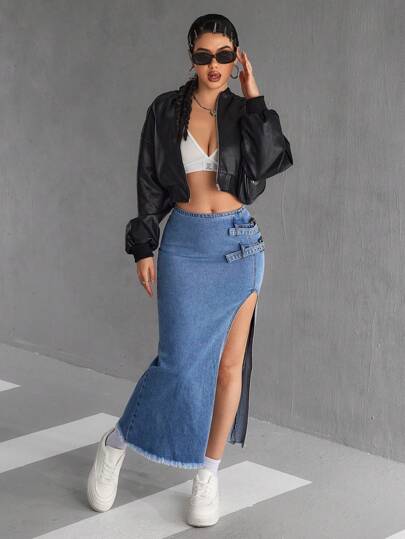 EZwear تنورة جينز كاجوال طويلة مزينة بفتحات على الجوانب وخصر مطوق خاص بالسيدات